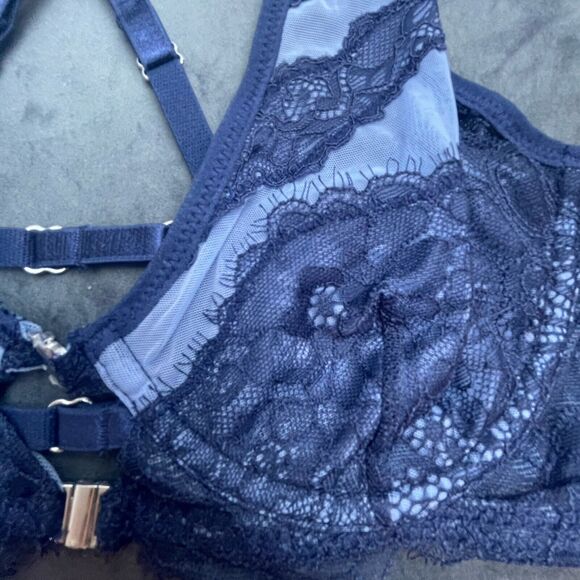 Thistle and Spire Bra Womens 32C Denim Racerback Lace Strappy Sheer Revolve - Picture 3 of 4